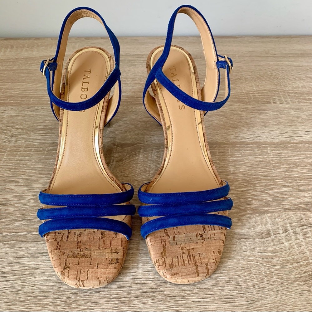 Bright Blue Suede Ankle Strap Cork Heel Sandals Talbots - Picture 3 of 7